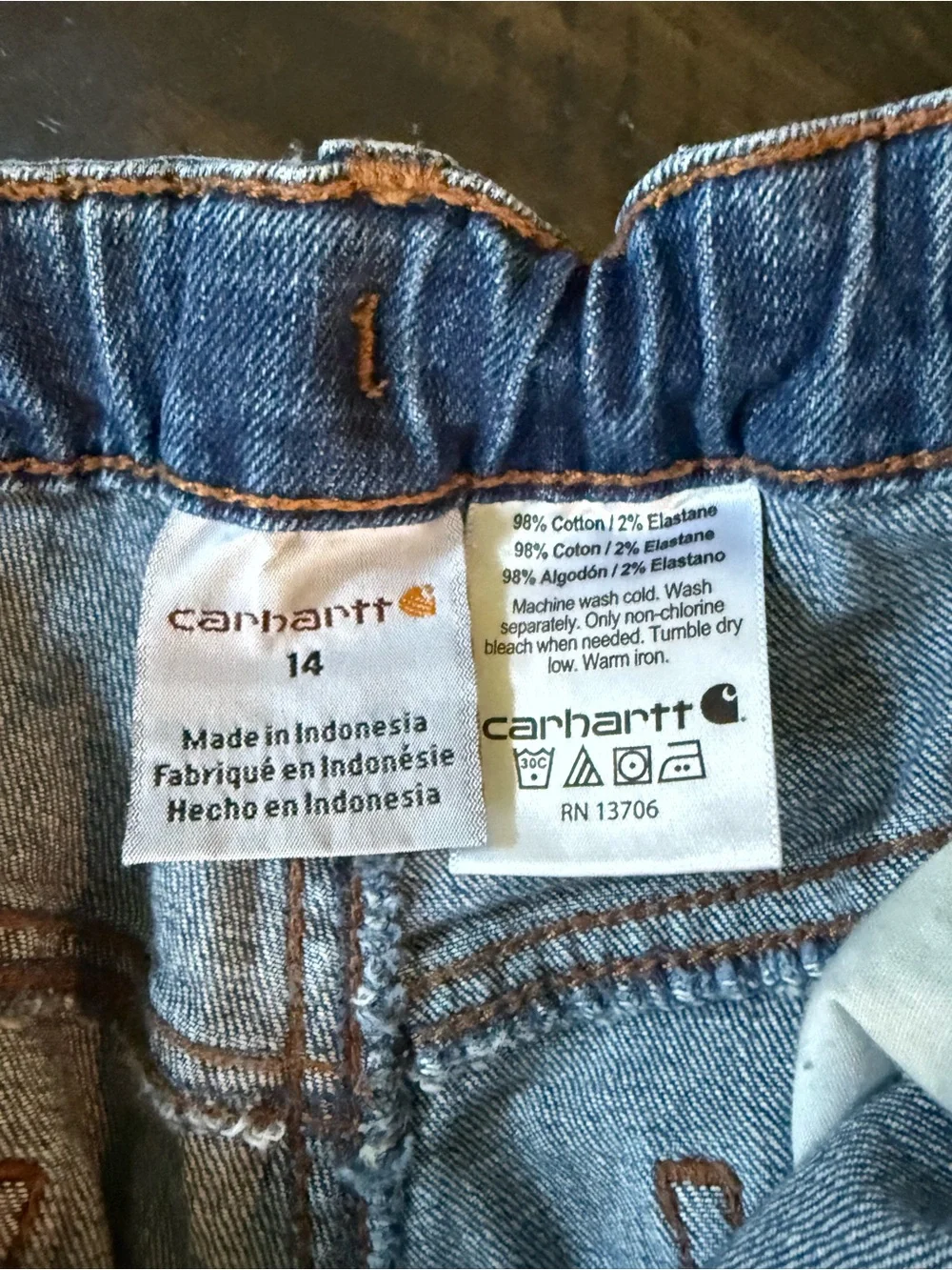 Carhartt Boys Blue Denim Jeans Adjustable Waist Size 14 Straight Leg